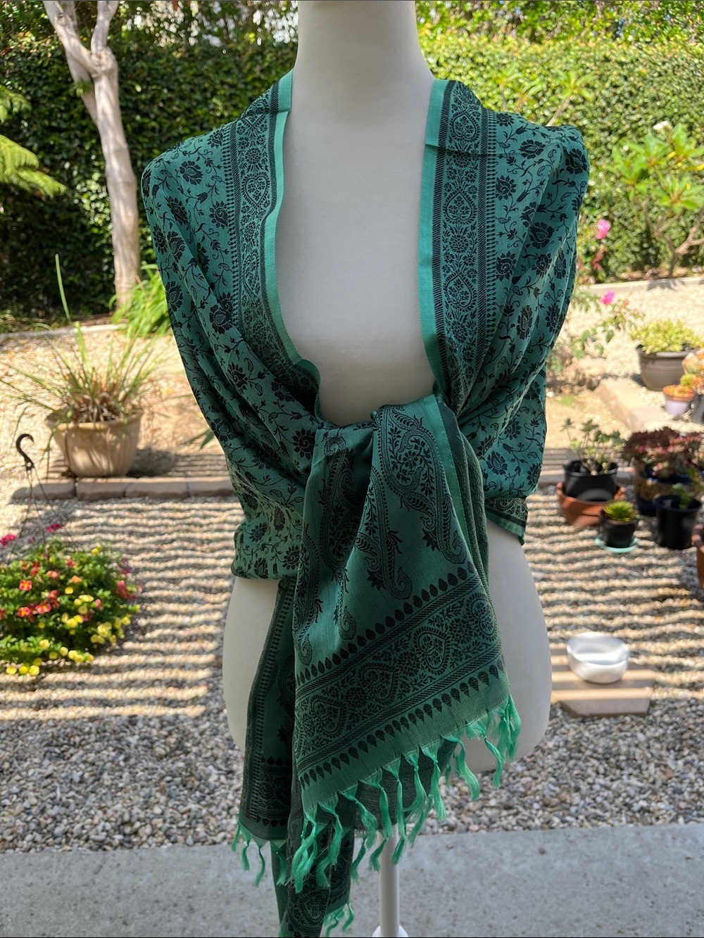 NWOT Silk India Teal Wrap Scarf Flowy  with Fringe